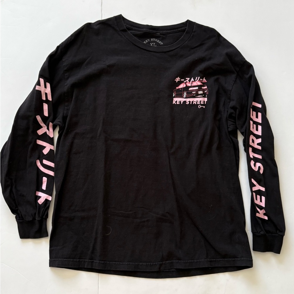 Men's Black Long Sleeve Graphic Tee with Pink Accents